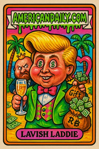 Trading card of 'Lavish Laddie' featuring a caricature of Donald Trump Jr. with an exaggerated hairdo, holding spilling champagne, backgrounded by a Russian oligarch holding a 'Gift' sack on a money tropical island.