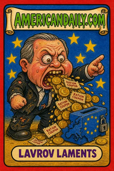 A gray-haired, suit-wearing cartoon kid inspired by Sergey Lavrov spews euro coins and ration coupons beside a tiny Europe-shaped ballot box, under the AMERICANDAILY.COM logo.