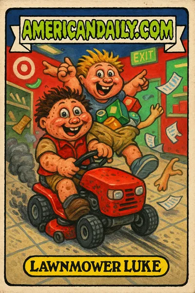 A chaotic trading card illustration of two teens riding a lawnmower through a Target store, in classic Garbage Pail Kids style.