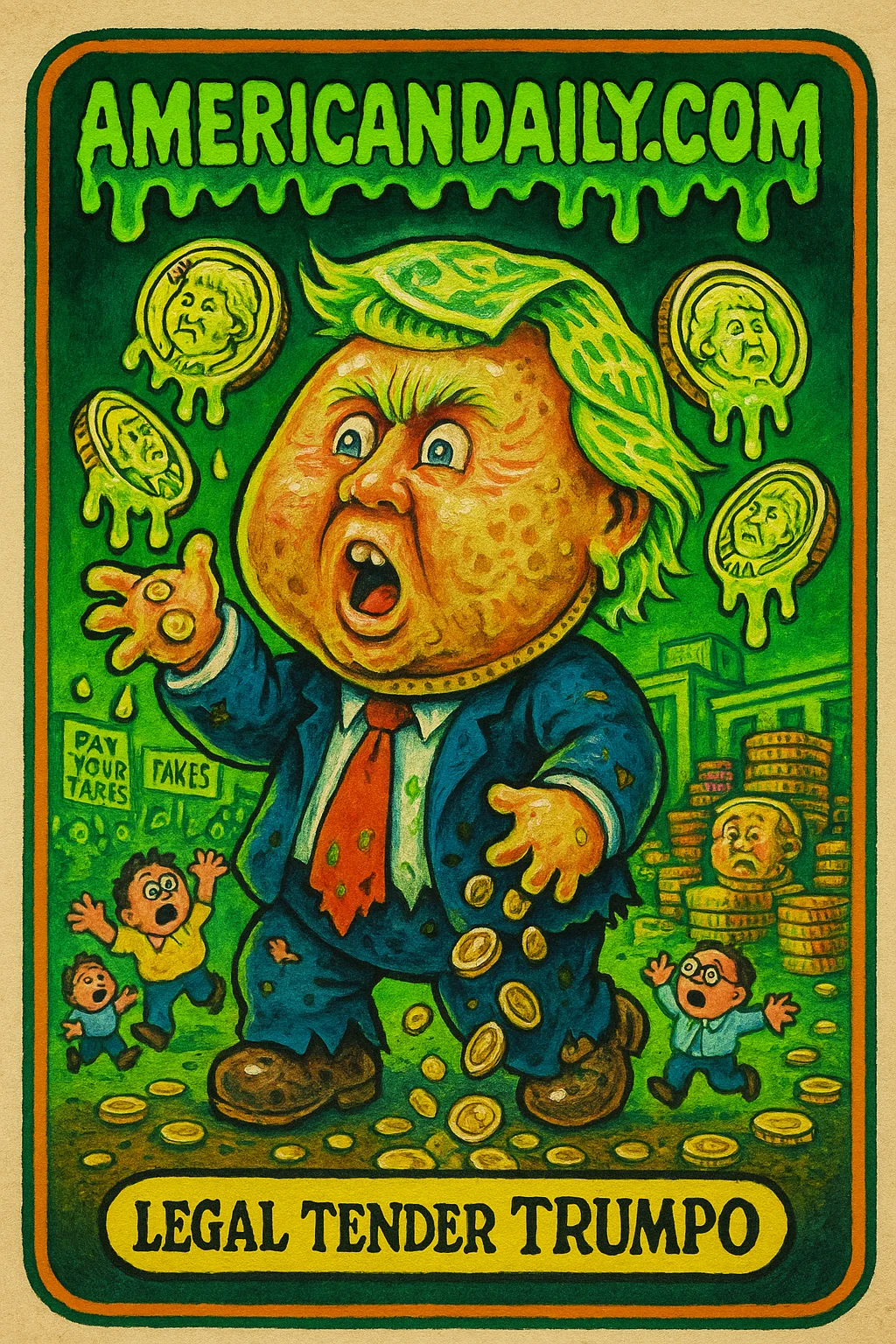 A grotesquely illustrated Trump-shaped coin with exaggerated features and a chaotic, comedic treasury scene.