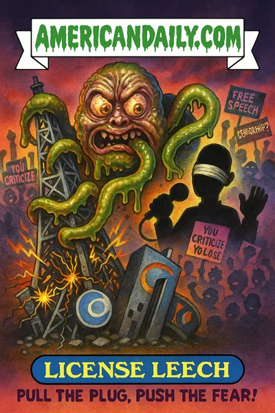 Tentacled monster choking a TV tower, silhouette host gagged, banners reading Free Speech and Censorship?, banner AMERICANDAILY.COM, caption Pull the Plug, Push the Fear!