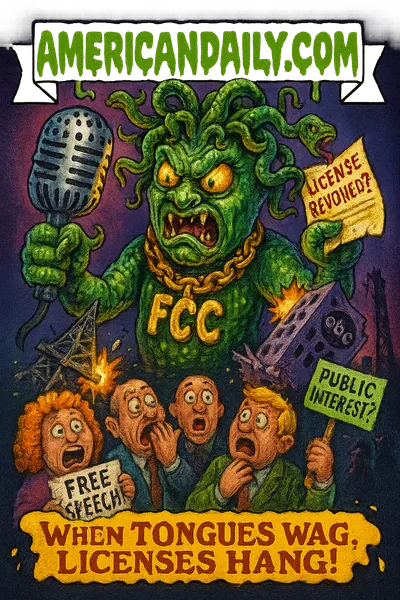 Snake-haired FCC chair serpent Carr wearing gold chain FCC, strangling mic, TV building crushed, audience with Free Speech sign, banner AMERICANDAILY.COM, caption When Tongues Wag, Licenses Hang!