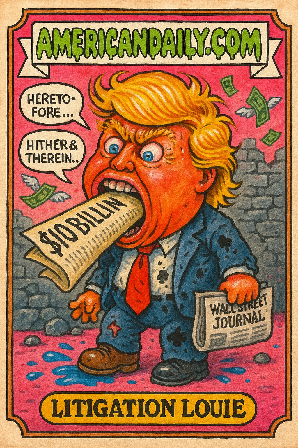 Garbage Pail Kids-style illustration of a caricatured Donald Trump with a massive mouth and wild hair, swallowing a lawsuit document, with the Wall Street Journal newspaper in hand.