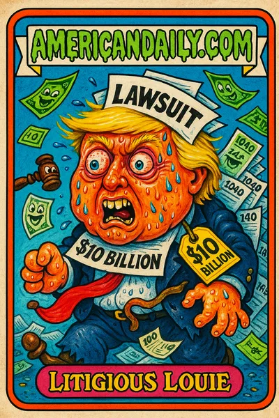 A cartoonishly grotesque Donald Trump tangled in a $10 billion lawsuit, suffocated by tax forms, with bulging eyes and chaotic attire, surrounded by mocking gavels.