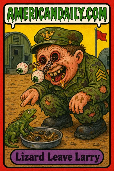 A grotesque cartoon army-officer kid in stained, patched camouflage crouches beside a small lizard and food dish, his eyeballs popping from their sockets on springy stalks. The trading card bears the AMERICANDAILY.COM logo and the name Lizard Leave Larry.