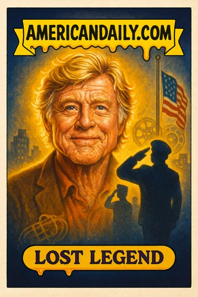 Portrait of Robert Redford with light golden tones, flag at half-mast behind, figures saluting, banner AMERICANDAILY.COM, caption Lost Legend.