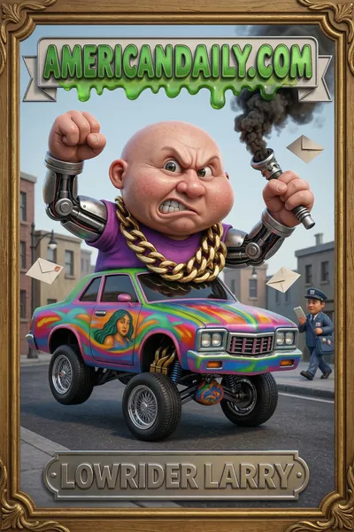A Garbage Pail Kids-inspired card featuring Lowrider Larry, a lowrider-car-shaped character with a car-hood head, hydraulic arms, and flashy artwork. — 3D version