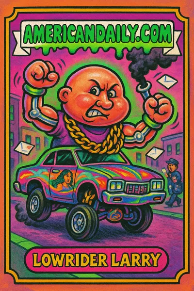 A Garbage Pail Kids-inspired card featuring Lowrider Larry, a lowrider-car-shaped character with a car-hood head, hydraulic arms, and flashy artwork.