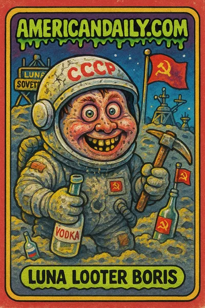 A grotesque Russian cosmonaut with wild eyes and a cracked helmet, holding a flag and standing on a chaotic Moon base with comedic Russian elements.