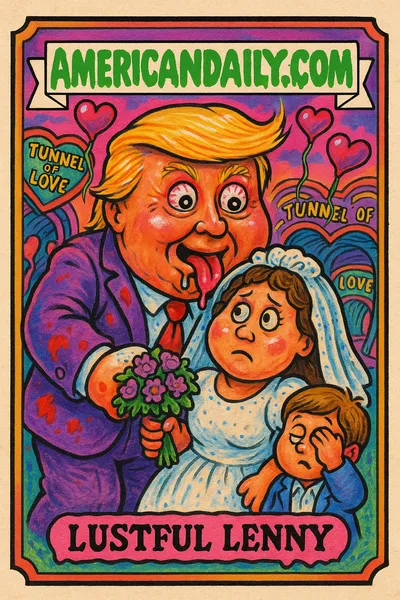 A grotesque caricature of Donald Trump eyeing a married woman, while his grandson rolls his eyes beside him. The scene is set in a twisted carnival backdrop.