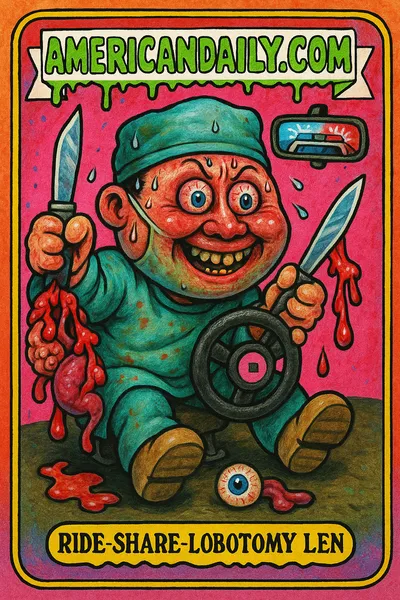 A grotesque surgeon, 'Lyft-Lobotomy Len,' with an oversized head is sweating behind a Lyft wheel. He clutches a scalpel with organs dangling, while eyeballs spill from a bag. Police sirens reflect in the car's rear-view mirror.