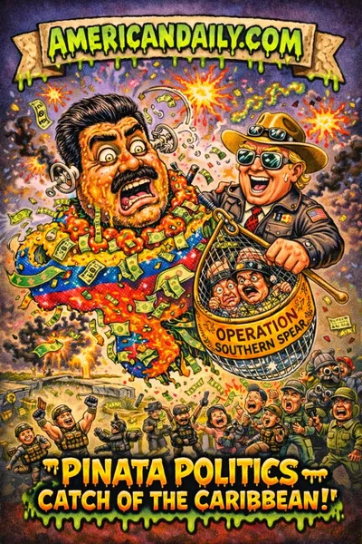 Cartoon trading card showing a grotesque mofongo creature caricature of Nicolás Maduro caught in a giant net by a triumphant Trump, with explosions and candy-colored smoke in the background.