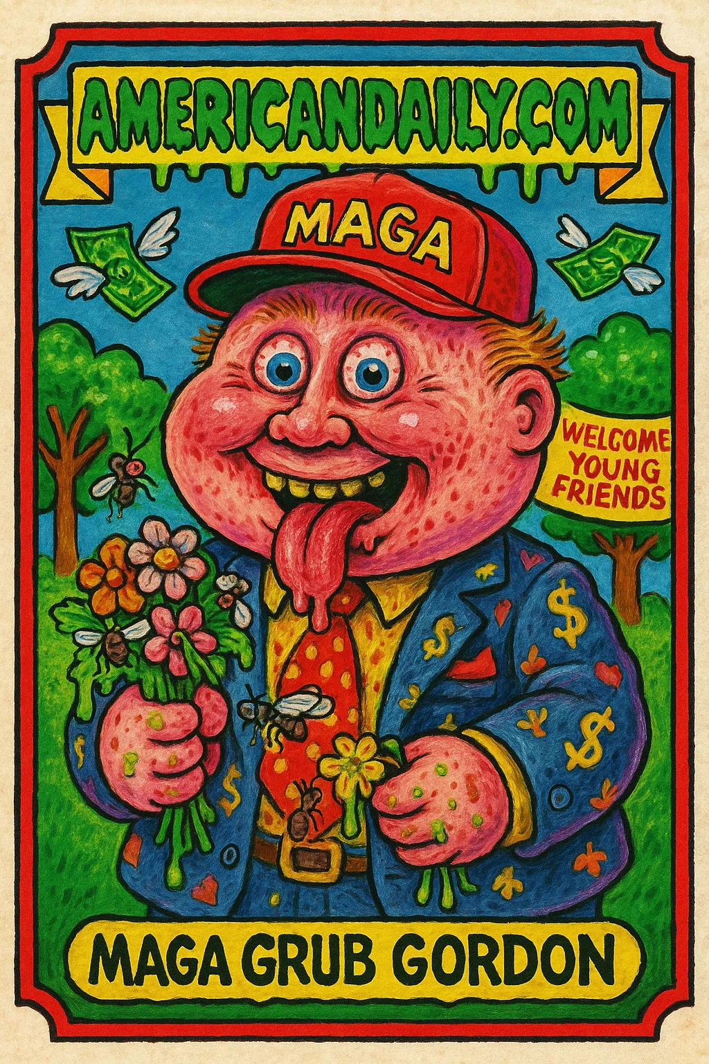 A grotesque man with a large head, wearing a red MAGA hat and a slimy grin, holds creepy, withered flowers dripping slime, with insects and dollar bills with wings around him.