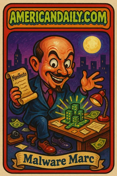 A grotesque tech CEO portrayed as a villain holding a manifesto in a dystopian cityscape with exaggerated features and vibrant colors.