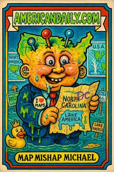 A satirical trading card titled 'Map Mishap Michael,' depicting a confused official with a U.S. map-shaped head, holding a mis-drawn map at 'Lake America'.