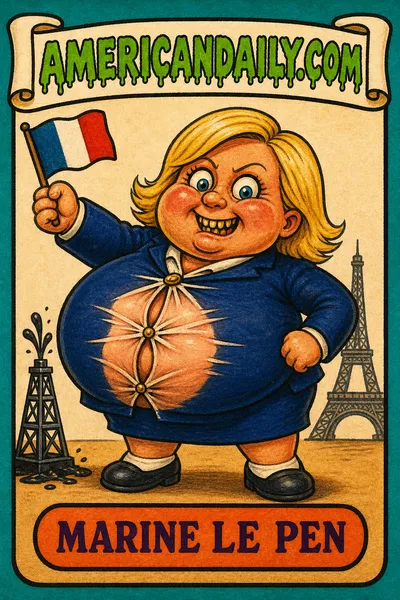A grotesque cartoon kid resembling Marine Le Pen in a navy suit raises a small French flag as her torso swells like an overinflated balloon. A miniature oil derrick and faint Eiffel Tower silhouette appear against a cream background, beneath the AMERICANDAILY.COM logo.