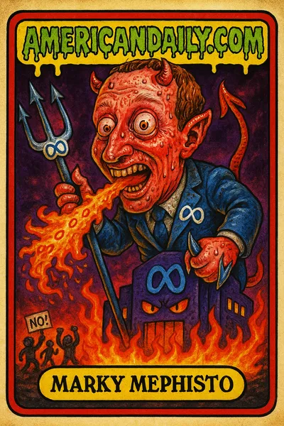 A grotesque caricature of Mark Zuckerberg with devil features, standing on a flaming platform with a Meta-branded pitchfork, protestors below.