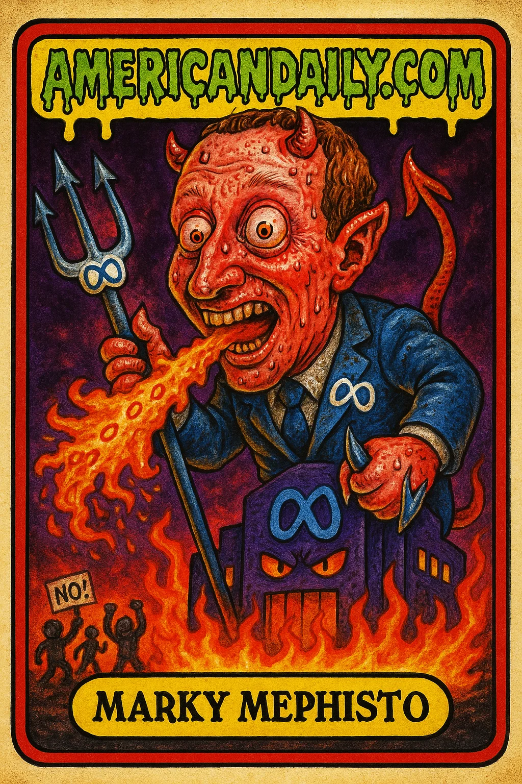 A grotesque caricature of Mark Zuckerberg with devil features, standing on a flaming platform with a Meta-branded pitchfork, protestors below.