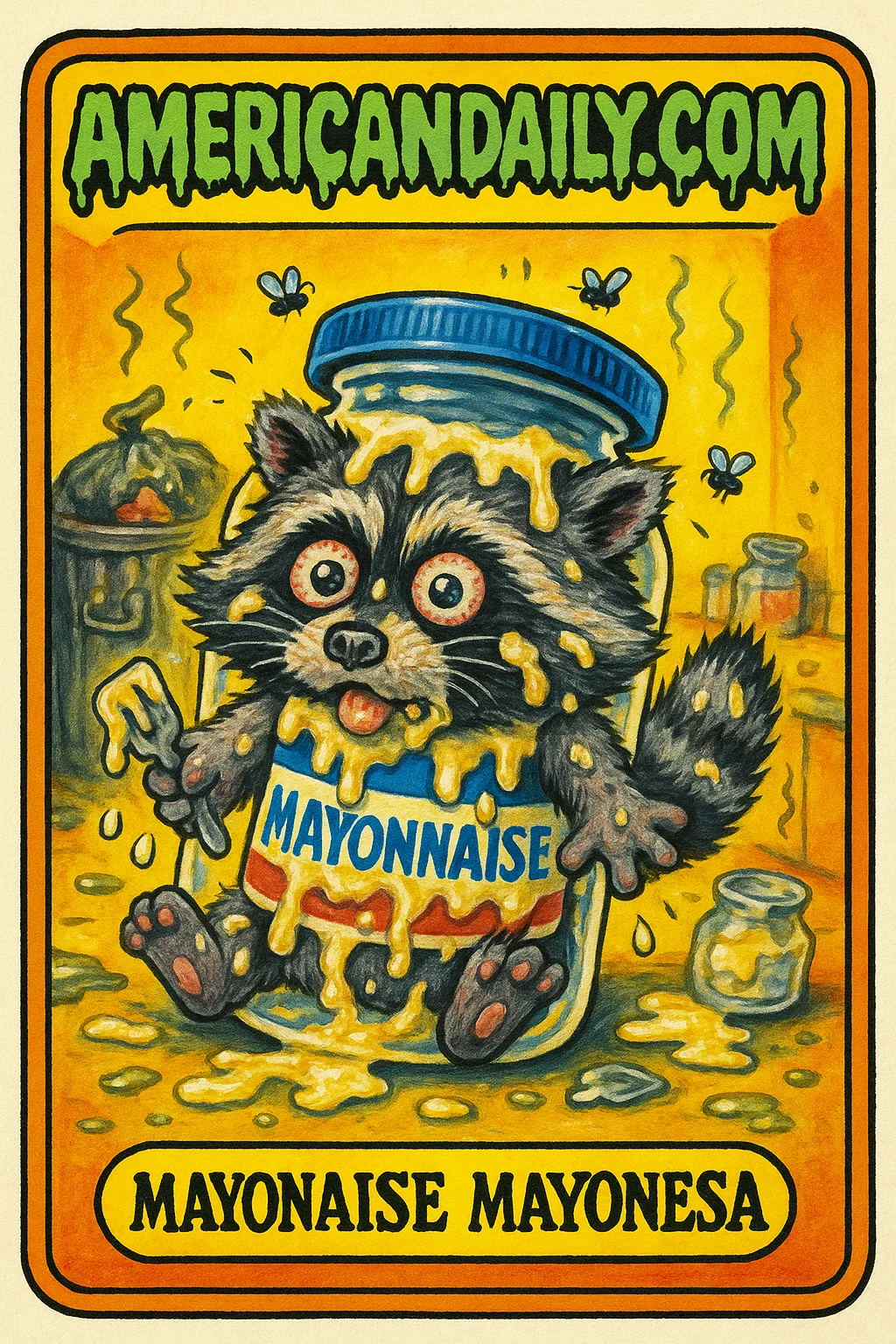 A Garbage Pail Kids-inspired illustration of a raccoon humorously stuck in a mayonnaise jar, with messy kitchen scene elements.