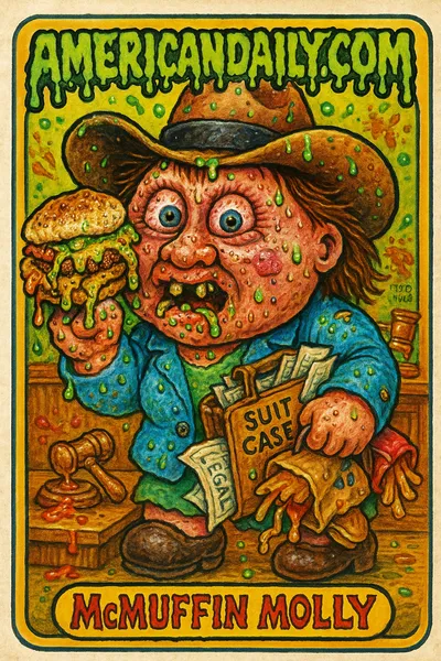 A grotesque character 'McMuffin Molly' with exaggerated features holds a revolting Sausage McMuffin in a mock courtroom, surrounded by comical legal props.