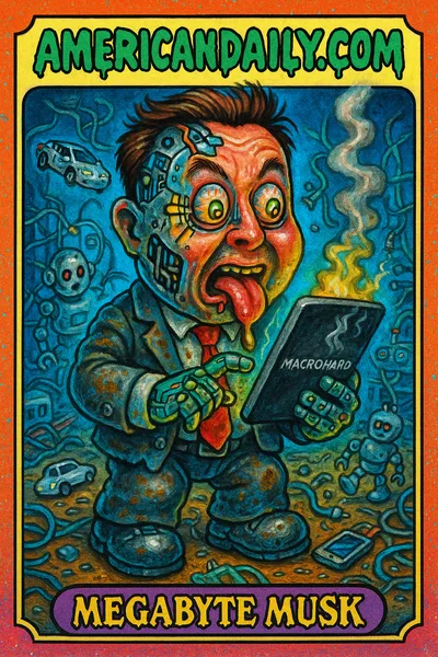 A grotesque parody of Elon Musk as a half-robot, with a giant head of circuits, holding a smoking 'Macrohard' tablet amidst a chaotic tech lab.