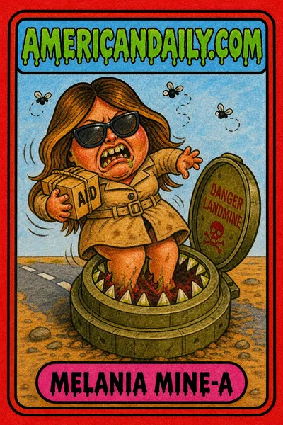A grotesque cartoon trading card shows a Melania Trump-inspired kid holding an aid parcel as a giant landmine swallows her feet-first on a cleared road, with flies buzzing around her crooked yellow teeth.