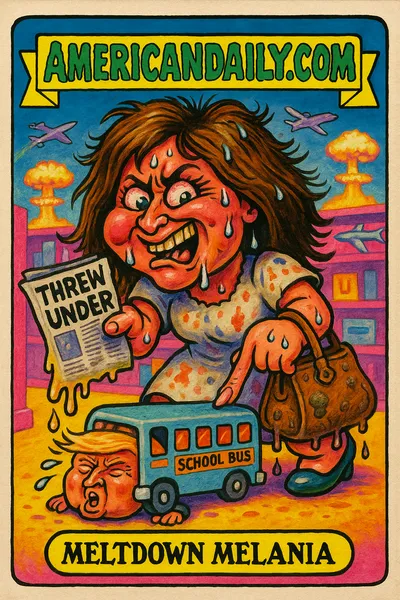 A satirical trading card of 'Meltdown Melania' shoving a tiny Donald Trump under a toy bus. Exaggerated grotesque features with wild eyes and chaotic hair.