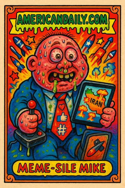 A parody card featuring a grotesque character, 'Meme-sile Mike', using memes as political propaganda for war with Iran, styled like Garbage Pail Kids.
