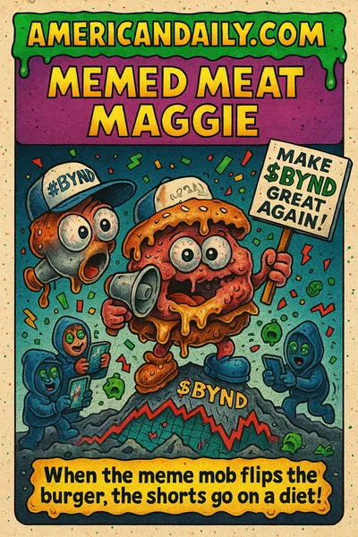 Cartoon trading-card style illustration of a dripping burger-patty character "Memed Meat Maggie" rallying retail-trader figures around a cracked stock-chart mountain labelled "$BYND", with slime-dripping top banner "AMERICANDAILY.COM" and a melting-text bottom caption.