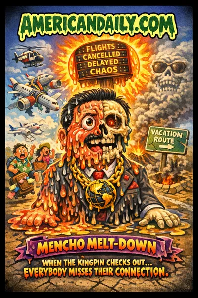 Grotesque cartoon trading card showing a melting cartel boss under a blazing sun shaped like an airport departure board, with tangled airplanes and panicked travelers in the background.