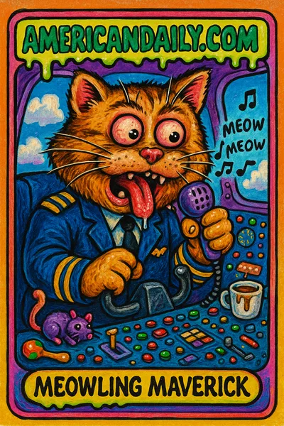 A grotesque pilot with a cat-like head makes 'meow meow' sounds in a chaotic cockpit in Garbage Pail Kids style.