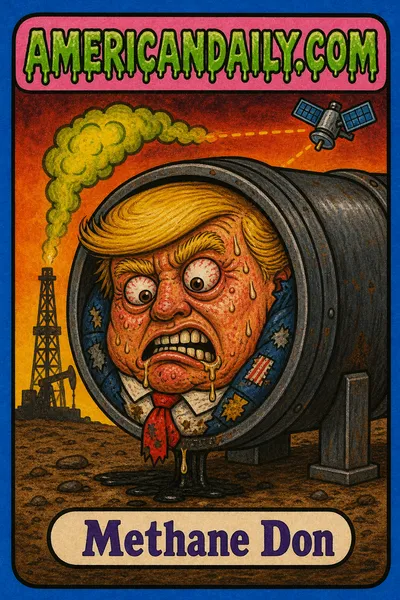 A cartoon trading card shows a Trump-like child wedged inside a large oil pipe, with only his squashed, sweaty head poking out as a satellite spots a methane plume above an oil-field silhouette.