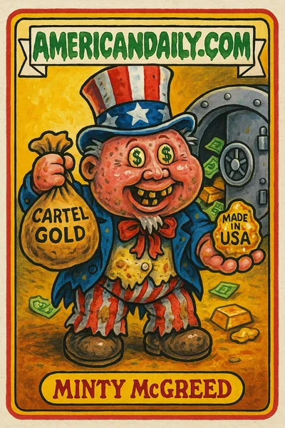 A grotesque portrayal of a U.S. Mint official offering cartel gold as 'American' in tattered Uncle Sam attire, overflowing with gold and cash.