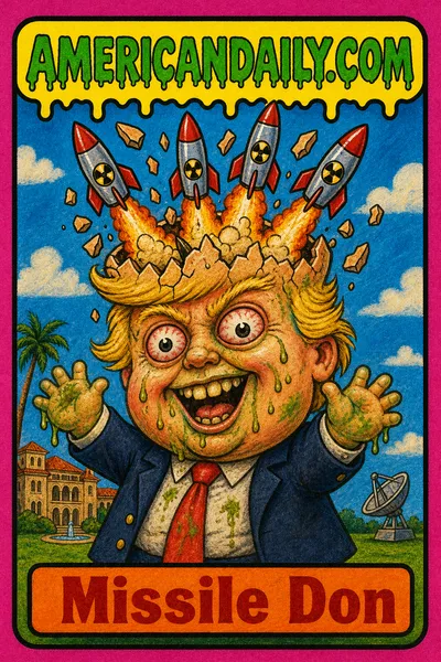 A grotesque cartoon toddler resembling Donald Trump stands before a simple Mar-a-Lago silhouette as cartoon missiles burst from his cracked-open oversized head; a small radar dish sits nearby.