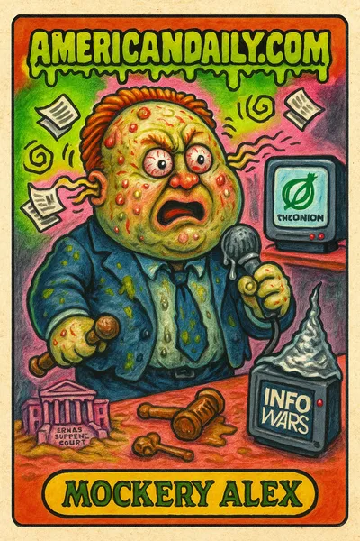 A trading card featuring 'Mockery Alex', a satirical, grotesque broadcast host in a chaotic news studio, representing The Onion's Infowars parody.