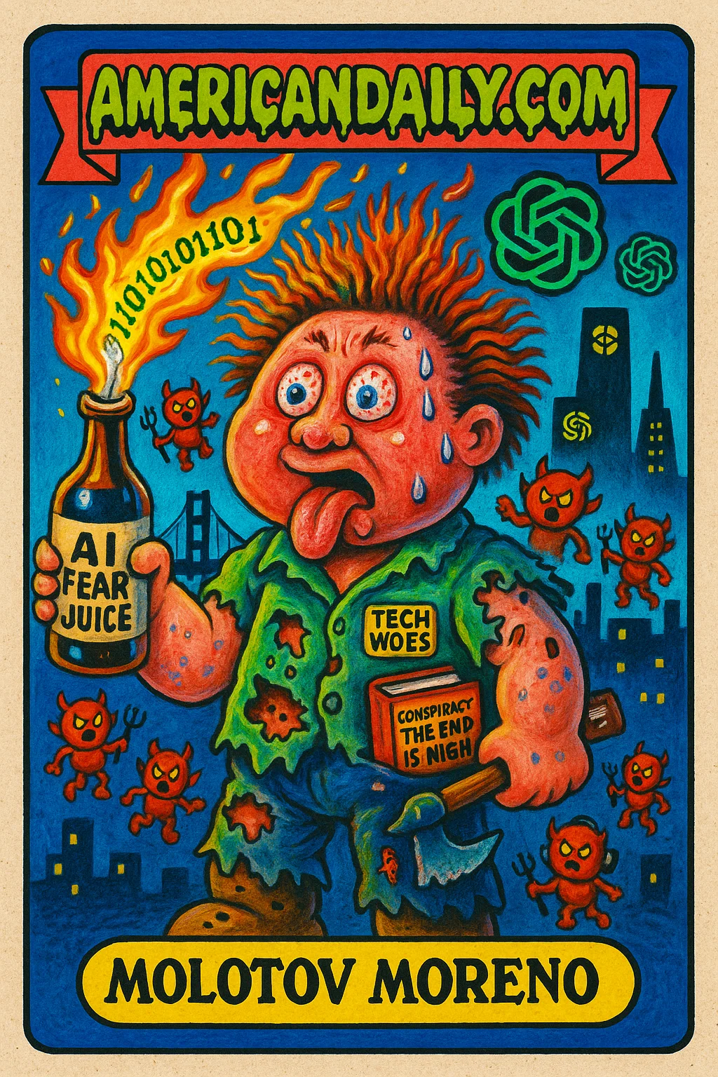 Grotesque caricature of a young man with a Molotov cocktail labeled 'AI Fear Juice,' surrounded by devilish robots, chaotic San Francisco skyline.