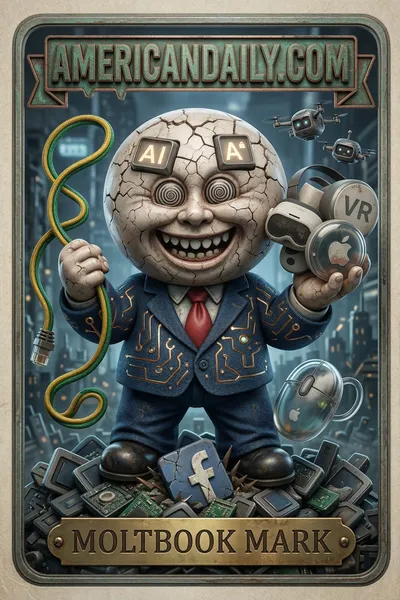 A grotesque tech CEO with a smartphone head and digital chaos is the focal point of this AmericanaDaily satirical card. — 3D version