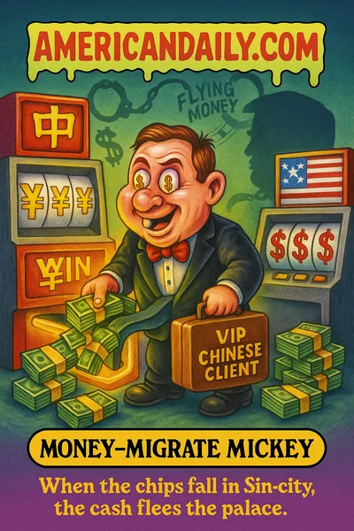 Cartoon trading card showing "Money-Migrate Mickey", a tuxedo-clad middleman labelled "VIP Chinese Client" suitcase, standing between a Chinese slot machine (¥ symbols) and a U.S. casino machine ($ symbols), pulling bundles of cash down a chute; shadows of handcuffs and wires "Flying Money" loom; top banner "AMERICANDAILY.COM", bottom nameplate "MONEY-MIGRATE MICKEY" with caption "When the chips fall in Sin-city, the cash flees the palace."