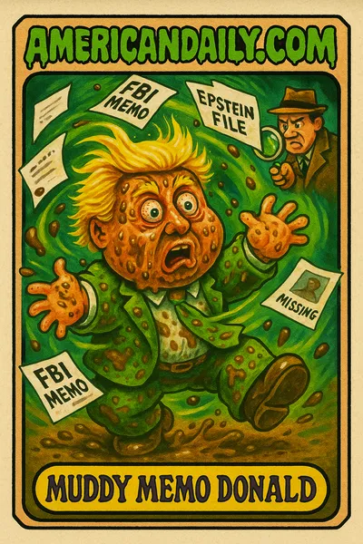 Grotesque caricature of a political figure caught in a whirlwind of FBI memos and missing files in a parody trading card style.