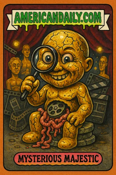 A grotesque Oscar statuette caricature, searching for its origin. Features a cracked gold surface and film reel intestines.