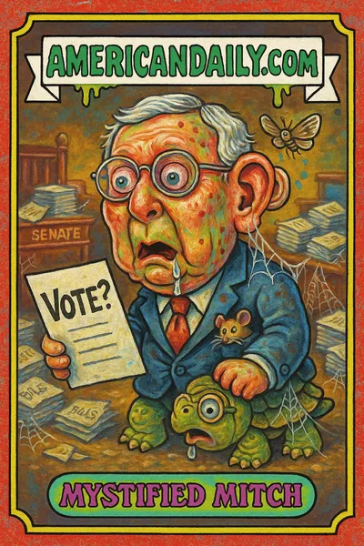 A grotesque caricature of Mitch McConnell as 'Mystified Mitch', with an oversized head, drool, tattered suit, and exaggerated hearing aid in cluttered Senate chamber.