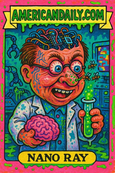 A grotesque parody of Ray Kurzweil as 'Nano Ray' in a messy lab, oversized head with microchips, enlarged nostrils surrounded by nanoparticles, and buzzing robotic lab.