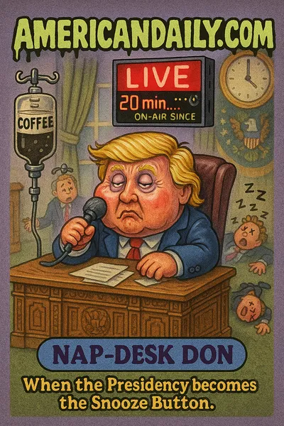 Cartoon trading card showing Donald Trump as "Nap-Desk Don" slumped behind the Oval Office desk, eyelids half-closed, microphone in one hand, a red 'LIVE' sign flashing above, aides with giant coffee IVs tiptoeing by, a small figure collapsing in the background, top banner reading AMERICANDAILY.COM in dripping slime, bottom nameplate "NAP-DESK DON" with the caption "When the Presidency becomes the Snooze Button."