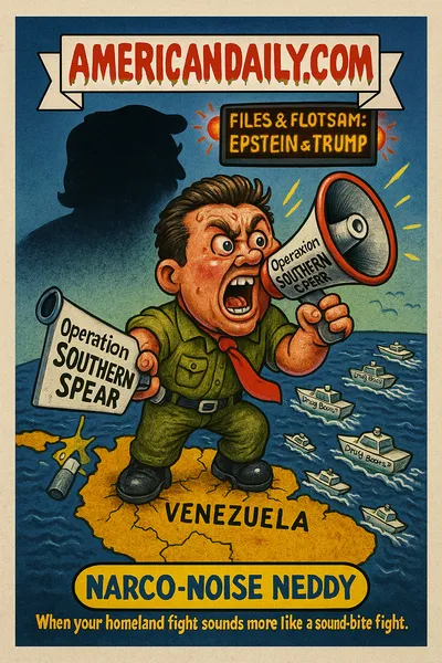 Cartoon trading card showing "Narco-Noise Neddy," a caricature of Pete Hegseth standing on a map of Venezuela with a megaphone labelled "Operation SOUTHERN SPEAR," the shadow of Donald Trump looming, small boats labelled "Drug Boats?" sailing in, a ticker in the sky reading "FILES & FLOTSAM: EPSTEIN & TRUMP," top banner "AMERICANDAILY.COM," bottom nameplate "NARCO-NOISE NEDDY" with caption "When your homeland fight sounds more like a sound-bite fight."