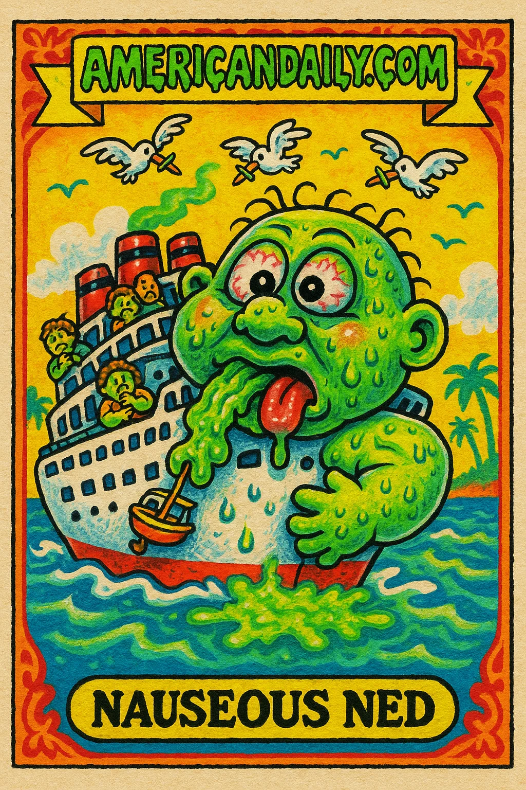 Garbage Pail Kids-style trading card of 'Nauseous Ned', a grotesque cruise ship-man hybrid with sick passengers. Features a Caribbean background.