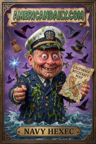 A grotesque Navy officer grasps a sparking wand and a witchcraft map, surrounded by flying enchanted brooms over a stormy sea. — 3D version
