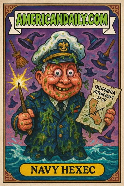 A grotesque Navy officer grasps a sparking wand and a witchcraft map, surrounded by flying enchanted brooms over a stormy sea.