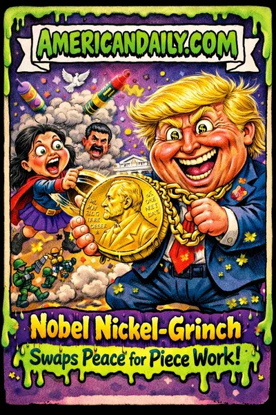 Cartoon-grotesque Garbage Pail Kids style illustration of a Trump-like figure clutching an oversized Nobel Peace Prize medal thrown by a frantic Machado figure in a warped White House scene with slime-dripping "AMERICANDAILY.COM" banner.