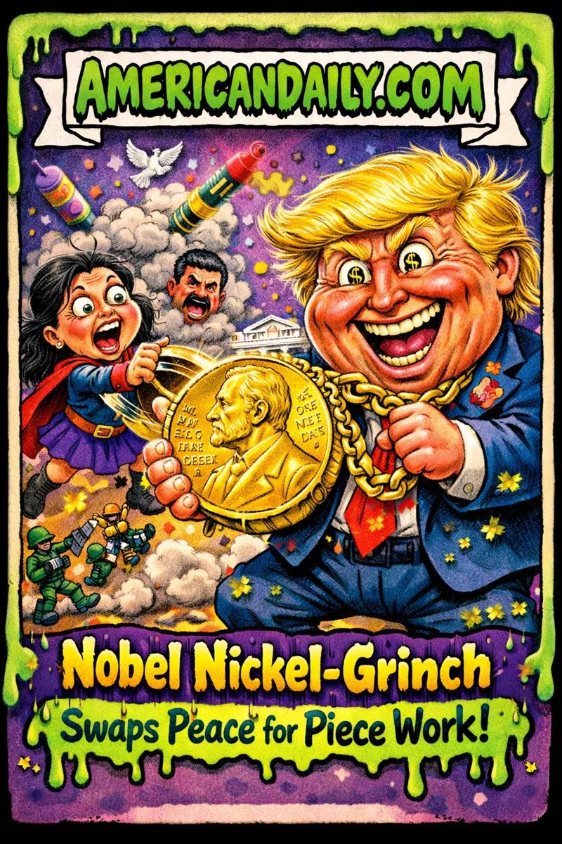 Cartoon-grotesque Garbage Pail Kids style illustration of a Trump-like figure clutching an oversized Nobel Peace Prize medal thrown by a frantic Machado figure in a warped White House scene with slime-dripping "AMERICANDAILY.COM" banner.