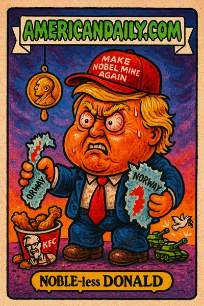 An exaggerated cartoon of 'Noble-less Donald' reaching in vain for a Nobel Peace Prize. Background features chaotic war imagery and humorous elements.